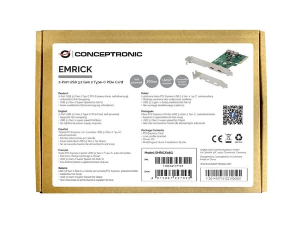 Conceptronic EMRICK 2-porttinen USB 3.2 Gen 2 Type-C PCI Express -kortti – itsevirtainen (EMRICK08G)