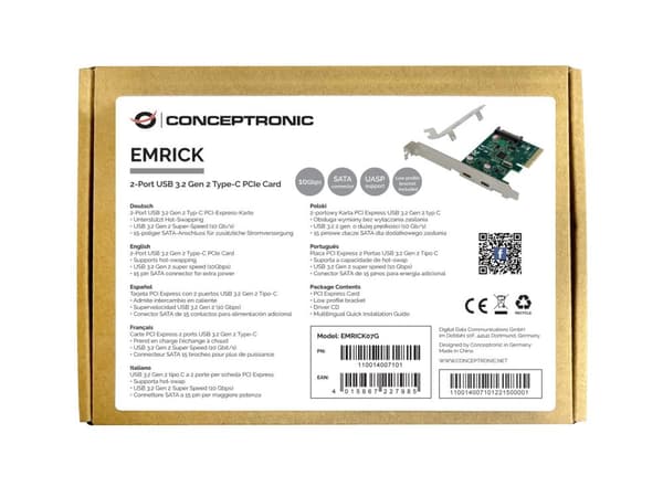 Conceptronic EMRICK 2-porttinen USB 3.2 Gen 2 Type-C PCI Express Card - PCIe - USB 3.2 Gen 2 (3.1 Gen 2) - PCI 2.0 - SATA 15-pin - Vihreä - PC (EMRICK