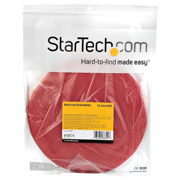 StarTech 50 fod. Krog og løkkerulle - Rød - Kabelstyring - Velcro - 15,24 m - Rød