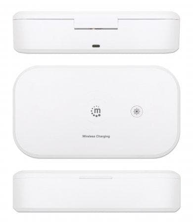 MANHATTAN UV-desinfektionsboks med trådløs induktionsoplader til smartphones Sterilisator med UVC og 10 W trådløs oplader, til mobiltelefoner, masker,