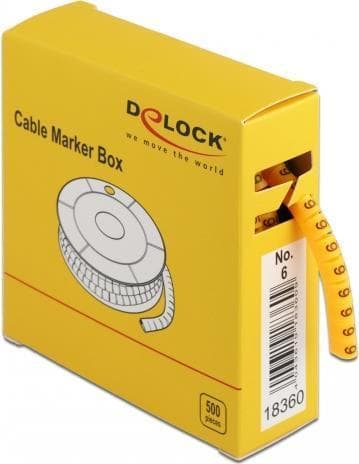 DeLOCK Kabelmærkeboks, Nr. 6 - Linje-/kabelmarkør (fortrykt) - Gul (pakke med 500) (18360)