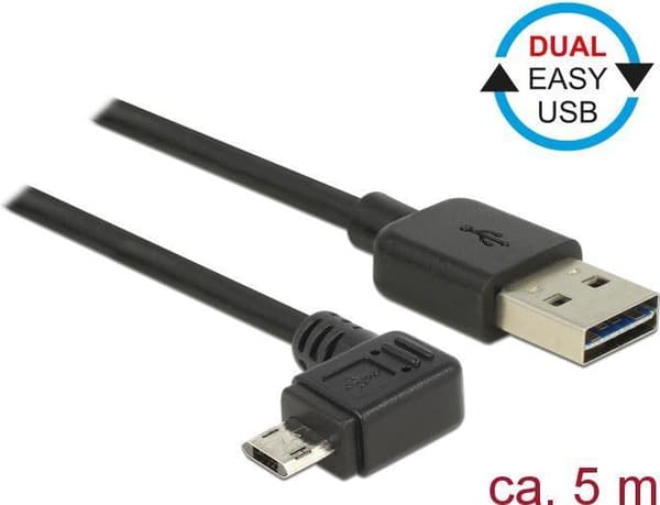 Delock Easy - USB-kabel - USB (M) vendbar til Micro-USB type B (M) venstre/højre vinklet, vendbar - USB2.0 - 5.0m - sort (85562)