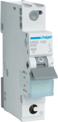 Hager MBS106. Strømværdi: 6 A, AC-indgangsfrekvens: 50/60 Hz. Type: B-type, moduler Antal (max): 1 modul(er). Bredde: 17,5 mm, Dybde: 70 mm, Højde: 83