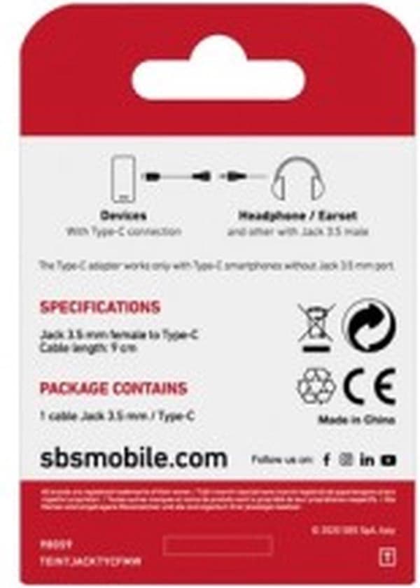 SBS USB-C - AUX 3,5 mm -sovitin - valkoinen