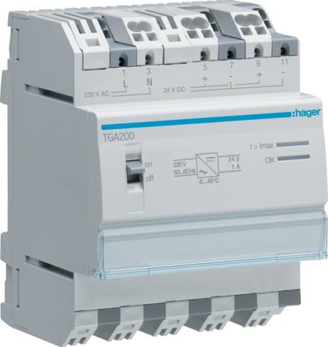 Hager TGA200. Napojen lukumäärä: 4P. AC-tulojännite: 230 V, AC-tulotaajuus: 50/60 Hz (TGA200)