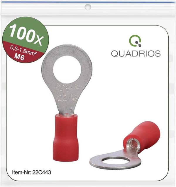 Quadrios 22C443 Ringterminal Tværsnit (maks.): 1,5 mm² Huldiameter: 6,5 mm Delvis isoleret Rød 1 Sæt
