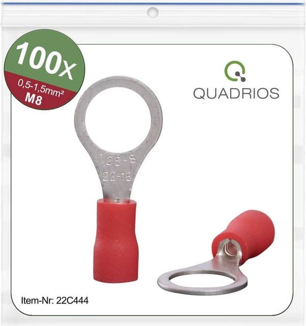 Quadrios 22C444 Ringterminal Tværsnit (maks.): 1,5 mm² Huldiameter: 8,5 mm Delvis isoleret Rød 1 Sæt