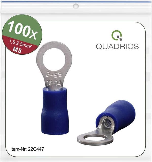 Quadrios 22C447 Ringterminal Tværsnit (maks.): 2,5 mm² Huldiameter: 5,3 mm Delvis isoleret Blå 1 sæt(er)