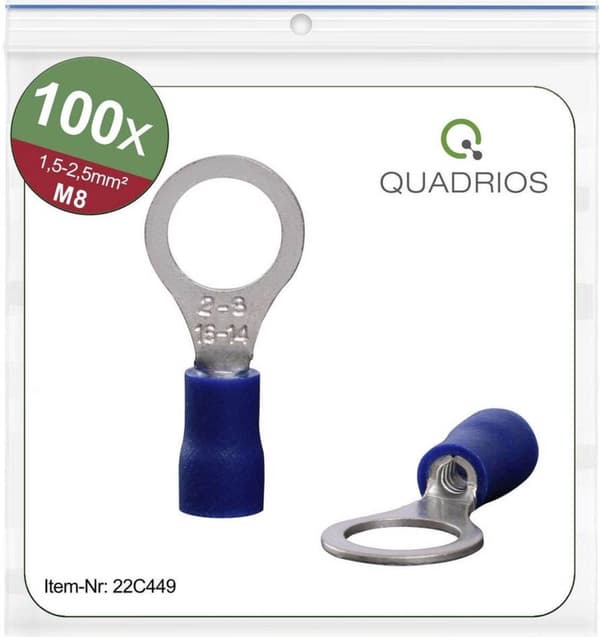 Quadrios 22C449 Ringterminal Tværsnit (maks.): 2,5 mm² Huldiameter: 8,5 mm Delvis isoleret Blå 1 sæt(er)