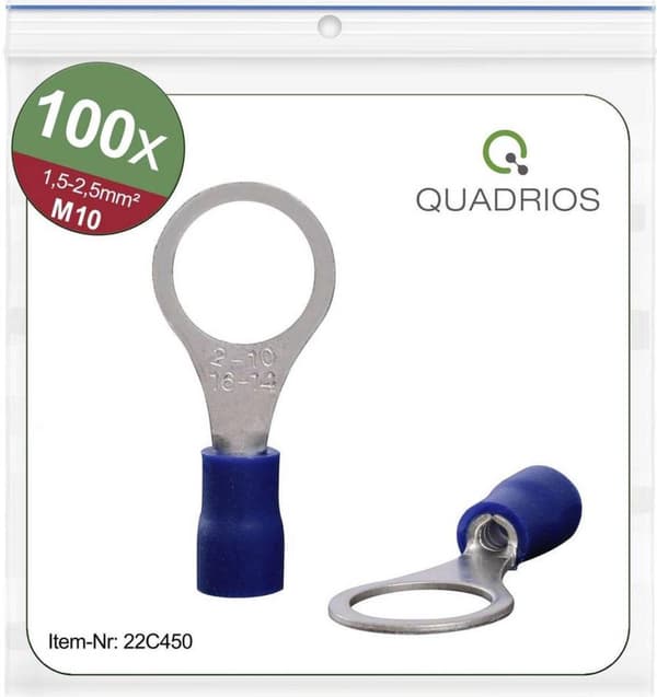 Quadrios 22C450 Ringterminal Tværsnit (maks.): 2,5 mm² Huldiameter: 10,5 mm Delvis isoleret Blå 1 sæt(er)