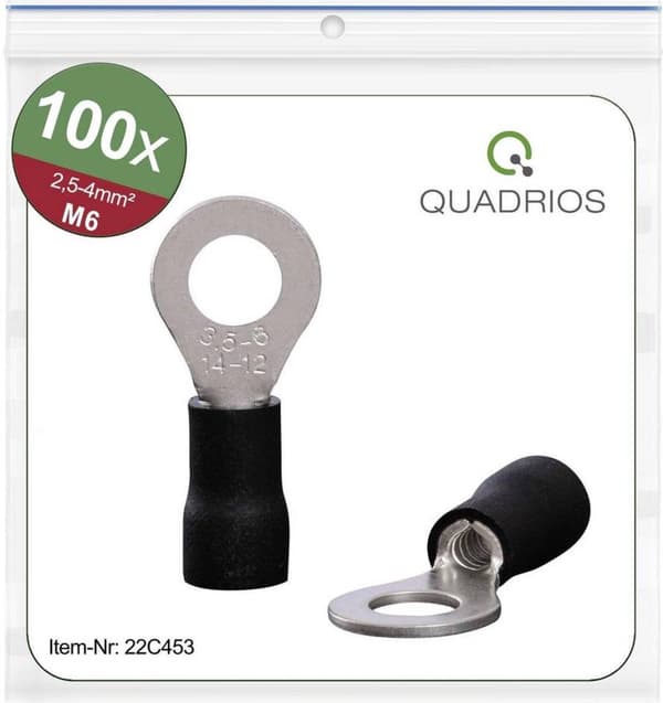 Quadrios 22C453 Ringterminal Tværsnit (maks.): 4,0 mm² Huldiameter: 6,5 mm Delvis isoleret Sort 1 sæt(er)