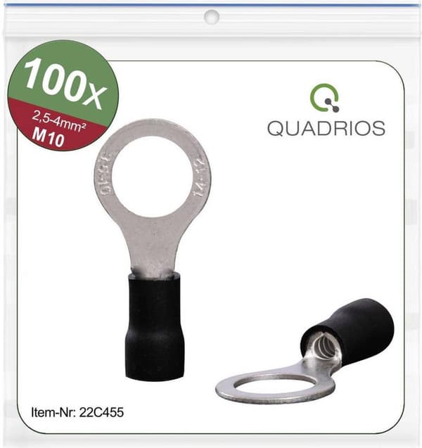 Quadrios 22C455 Ringterminal Tværsnit (maks.): 4,0 mm² Huldiameter: 10,5 mm Delvis isoleret Sort 1 sæt(er)