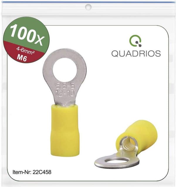 Quadrios 22C458 Ringterminal Tværsnit (maks.): 6,0 mm² Huldiameter: 6,5 mm Delvis isoleret Gul 1 sæt(er)