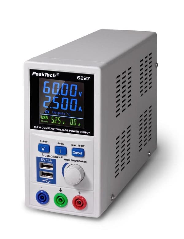 Peaktech 6227 - laboratoriestrømforsyning - 0...60 V- 0...6A - farve LCD - 2x USB
