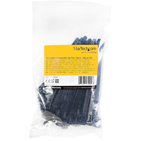 StarTech.com 12 cm (5") uudelleenkäytettävät nippusiteet, 7 mm (1/4") leveä, 30 mm (1-1/8") nipun halkaisija 22 kg (50 lb) vetolujuus, irrotettavat na