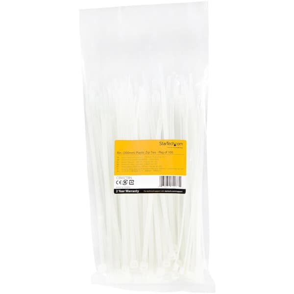 StarTech.com 20.30cm (8")(20cm) Cable Ties, 2-1/8"(55mm) Dia, 50lb(22kg) Tensile Strength, Nylon Self Locking Zip Ties, UL Listed, 100 Pack, White (CB