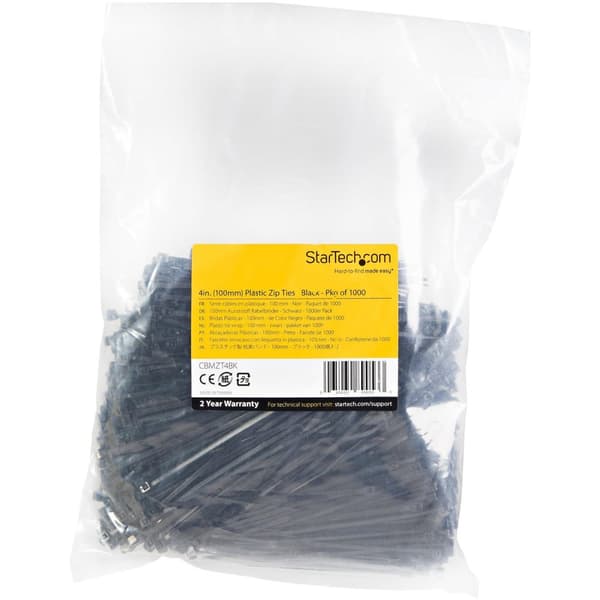 StarTech.com 10 cm (4") kabelbindere, 2 mm (1/16") bred, 22 mm (7/8") bundtdiameter, 8 kg (18 lb) trækstyrke, selvlåsende nylon lynlås med buet spids,