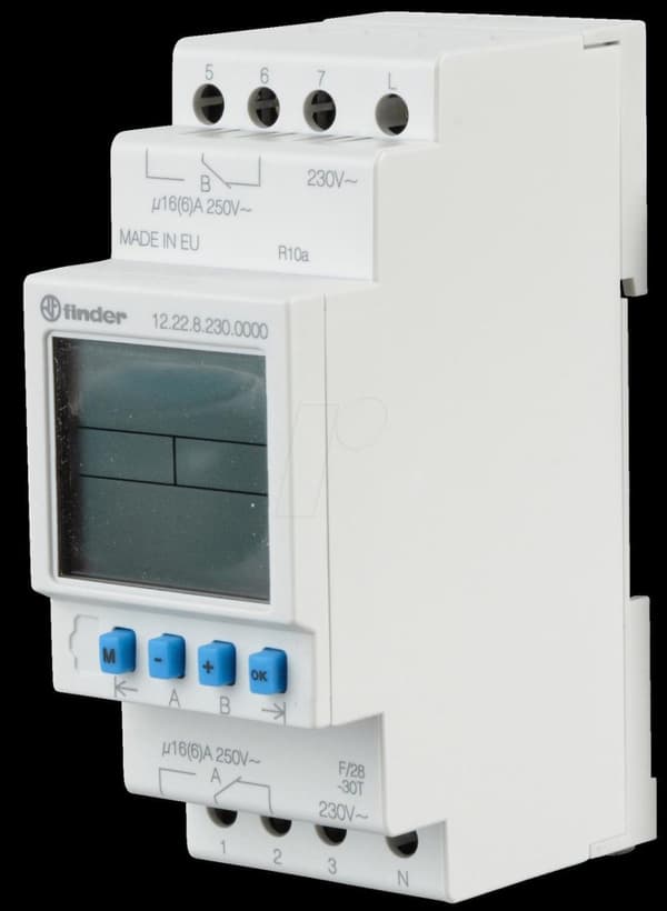 FINDER Timer 16A 12.22.8.230.0000 serie 12 DIN skinne 2W 230VAC 12.22.8.230.0000 (122282300000)