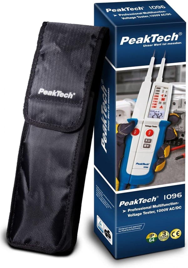 PeakTech Spændings- og kontinuitetstester, AC/DC, 6 V ... 1 kV, IP64, LCD-display med baggrundsbelysning, visuelt/hørbart (P1096)