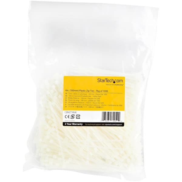 StarTech.com 10 cm hvide kabelbindere 2 mm brede, 22 mm bundtdiameter, 8 kg trækstyrke Selvlåsende nylon kabelbindere med buet spids, 94V-2/UL-listet,