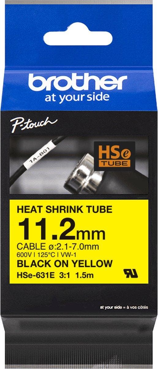 Brother HSE631E Labeltape krimpkous Tapefarve: Geel Tekstfarve: Sort 11,2 mm 1,5 m