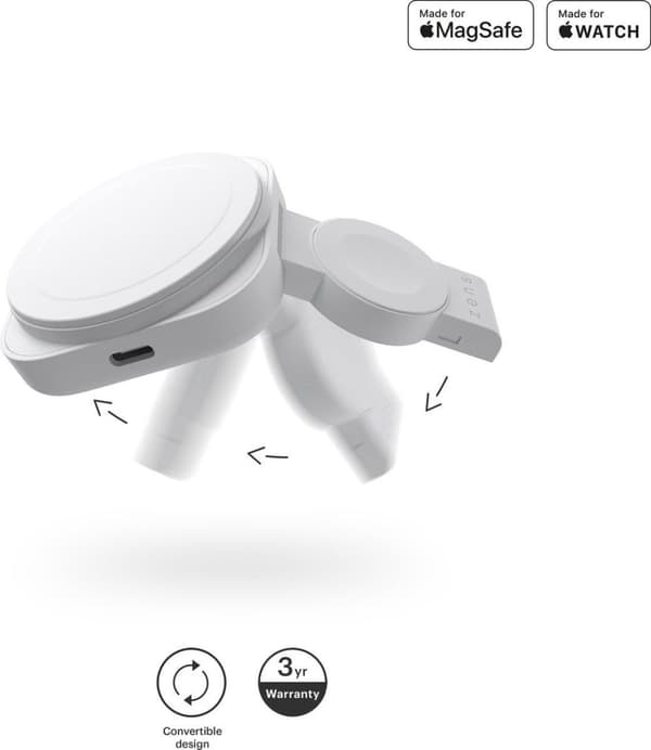 Zens 2in1 MagSafe + iWatch trådløs risoplader 20W Wit | Send til iPhone 14/13/12 (15W) | Apple iWatch Series Ultra/SE/8//7/6/5/4/3/2/1 | AirPods 3 & P