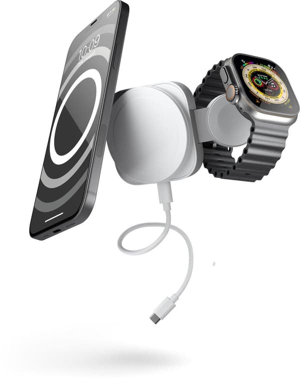 Zens 2in1 MagSafe + iWatch trådløs risoplader 20W Wit | Send til iPhone 14/13/12 (15W) | Apple iWatch Series Ultra/SE/8//7/6/5/4/3/2/1 | AirPods 3 & P