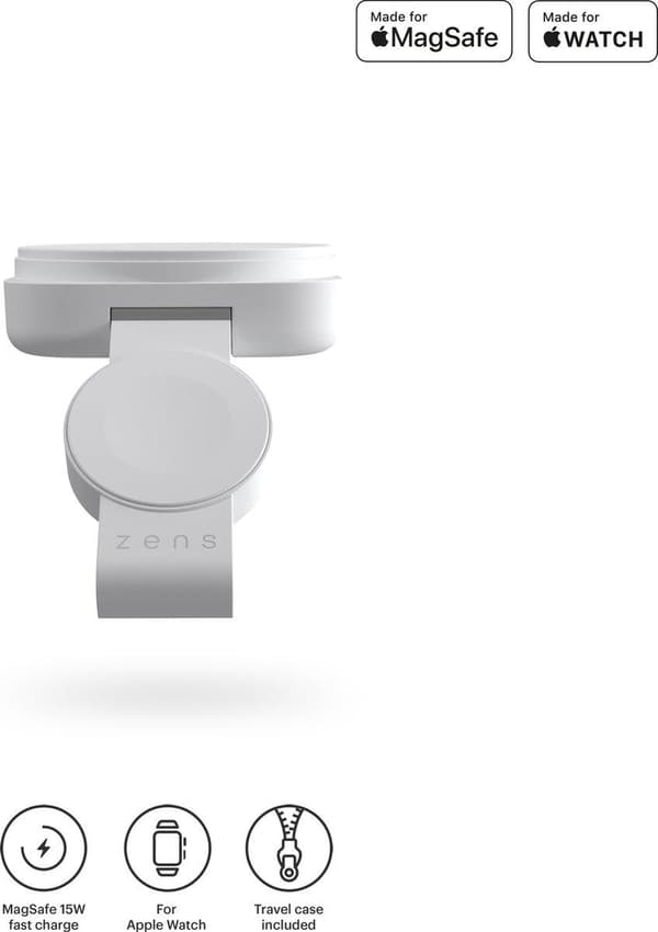 Zens 2in1 MagSafe + iWatch trådløs risoplader 20W Wit | Send til iPhone 14/13/12 (15W) | Apple iWatch Series Ultra/SE/8//7/6/5/4/3/2/1 | AirPods 3 & P