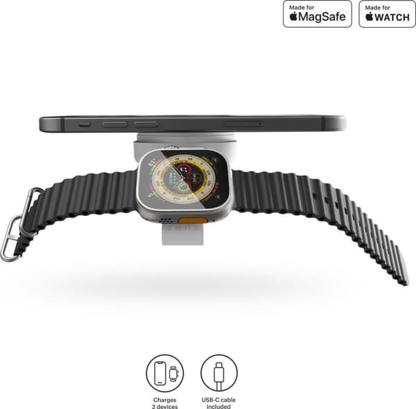 Zens 2in1 MagSafe + iWatch trådløs risoplader 20W Wit | Send til iPhone 14/13/12 (15W) | Apple iWatch Series Ultra/SE/8//7/6/5/4/3/2/1 | AirPods 3 & P