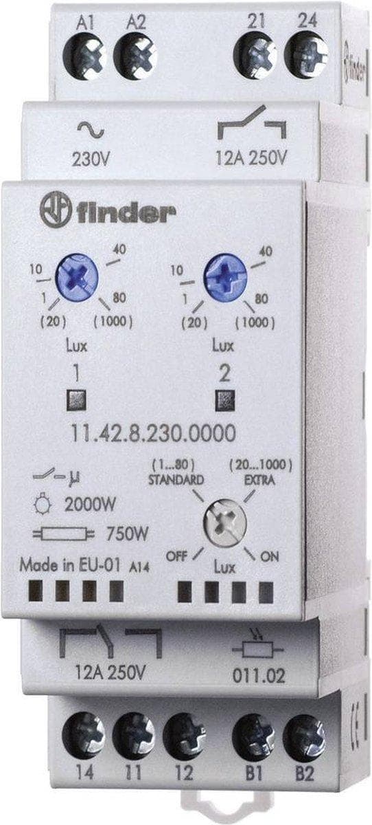 Finder 1142.8.230.0000 Skumringsafbryder 1 stk(e) Forsyningsspænding (antal):230 V/AC Lysfølsomhed: 1, 20 - 80, 1000