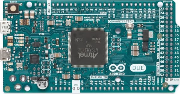 Arduino Due. Processorens clockfrekvens: 84MHz, Mikrocontroller model: AT91SAM3X8E. Flash-hukommelse: 0,512 MB, SRAM (Static Random Access Memory): 96