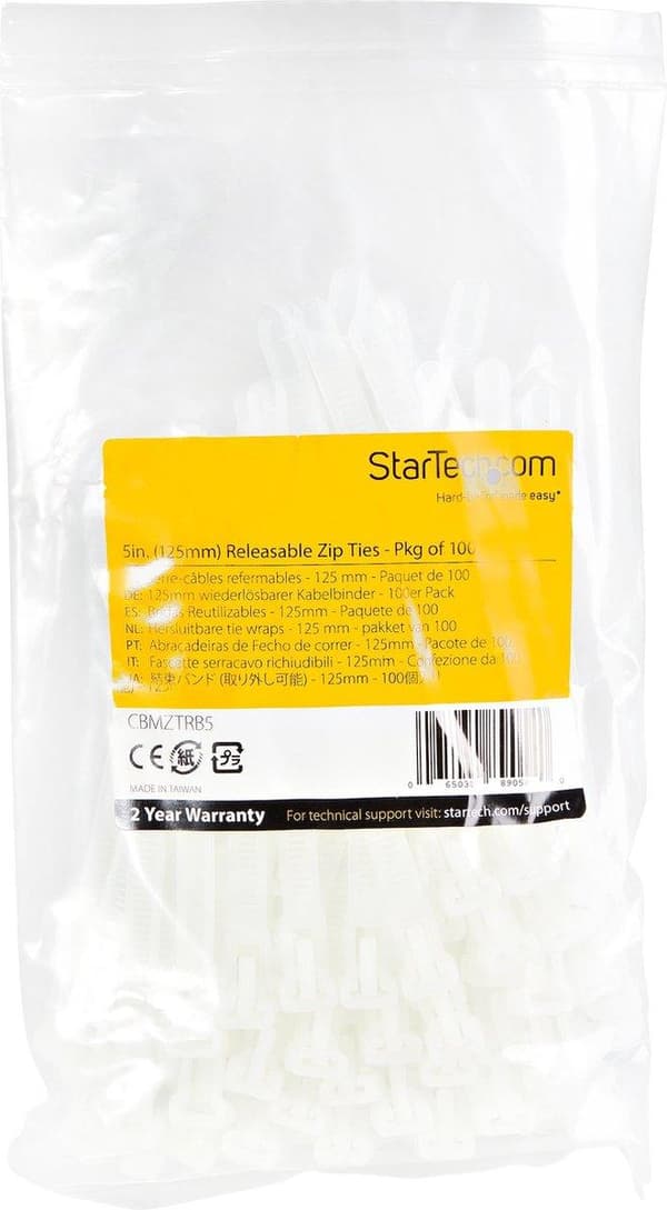 StarTech.com 12,70 cm (5") (12 cm) Återanvändbara buntband, 1-1/8" (30 mm) Dia. 50 lb (22 kg) draghållfasthet, nylon, inomhus/utomhus, UL-listad, 100-
