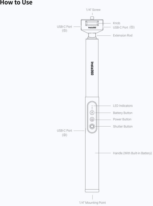 Insta360 Invisible Selfie Stick med powerbank og fjernbetjening (til ONE X2/ X3 / RS/ One R)