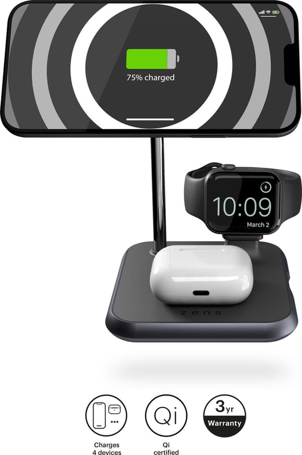 Zenin 4-in-1 langaton laturi. Lataa samanaikaisesti MagSafe-yhteensopivan iPhonen + Apple Watchin + AirPods + sisäänrakennetun 18 W USB-C-portin Qi- j