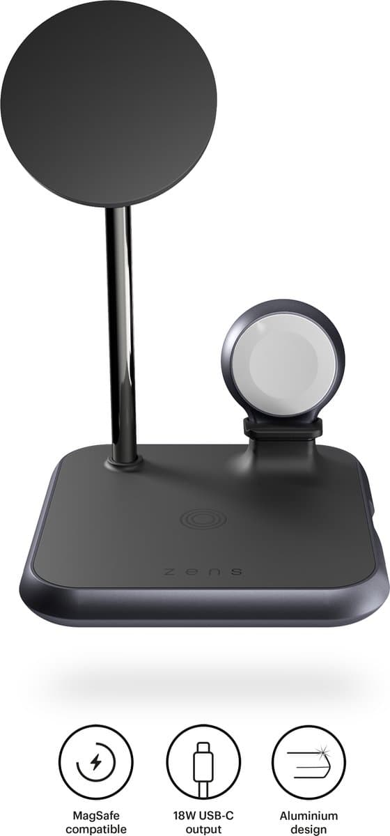 Zenin 4-in-1 langaton laturi. Lataa samanaikaisesti MagSafe-yhteensopivan iPhonen + Apple Watchin + AirPods + sisäänrakennetun 18 W USB-C-portin Qi- j