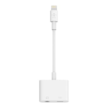 Belkin 3,5 mm lyd + opladning RockStar - Lightning til hovedtelefonport / opladningsadapter - Lightning han til 4-benet ministik, Lightning hun - hvid