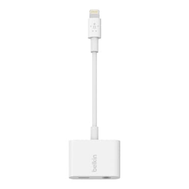 Belkin 3,5 mm lyd + opladning RockStar - Lightning til hovedtelefonport / opladningsadapter - Lightning han til 4-benet ministik, Lightning hun - hvid