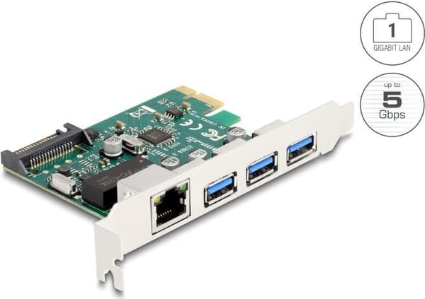 Delock PCI Express x1-kort til 3 x USB 5 Gbps Type-A-stik + 1 x Gigabit LAN (90105) Grøn, Grå