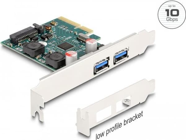 Delock PCI Express x4-kort för 2 x extern USB 10 Gbps Type-A-uttag - lågprofilformfaktor (90106) Grön, Grå