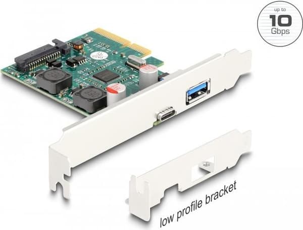 Delock PCI Express x4-kort för 1 x extern USB 10 Gbps Type-C™-uttag + 1 x extern USB 10 Gbps Type-A-uttag - lågprofilformfaktor (90107) Grön, Grå