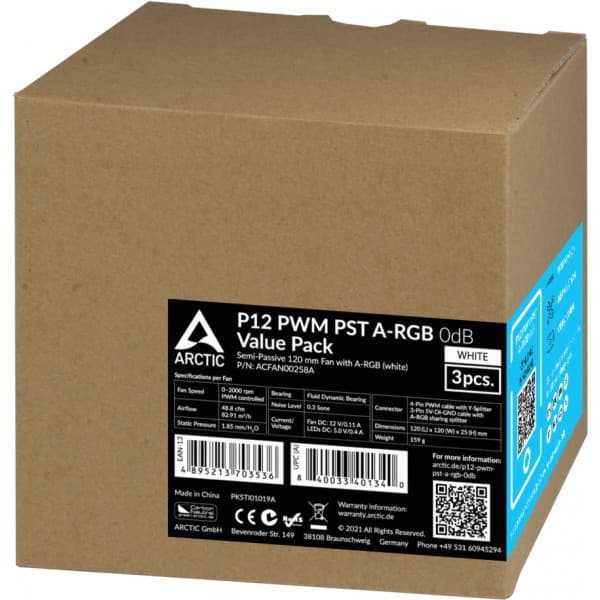 Arctic P12 PWM PST A-RGB 0dB ventilatorpakke, 120 mm, hvid, 3-pack
