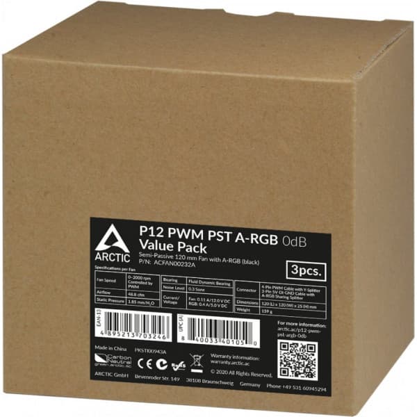 Arctic P12 PWM PST A-RGB -fläktförpackning, 120 mm, svart, 3-pack