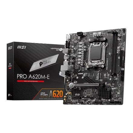 MSI | PRO A620M-E | Prosessorin kanta Socket AM5 | Tyyppi AMD A620 -piirisarja | Tuettu RAM-tekniikka DDR5 SDRAM