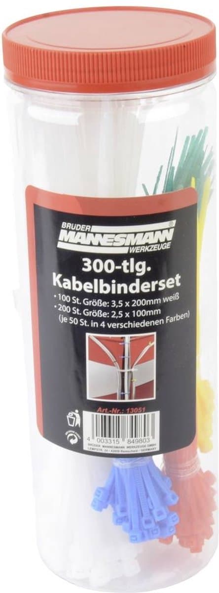 Brüder Mannesmann M13051 kabelbindersortiment 100 mm, 200 mm hvid, rød, grøn, gul, blå 300 stk.