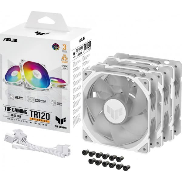Asus TUF Gaming TR 120 ARGB Reverse PWM-fläkt, 120 mm, vit, 3-pack