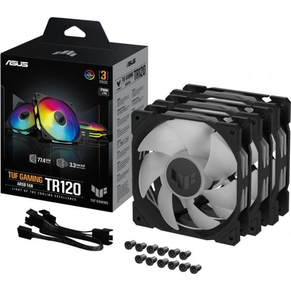 Asus TUF Gaming TR 120 ARGB PWM fläkt, 120 mm, svart, 3-pack