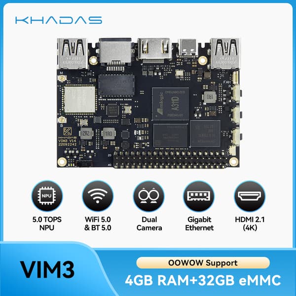 Khadas VIM3 enkeltkortcomputer, Amlogic A311D SoC, 4K@60fps videooutput,4G (32G)