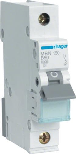 Hager MBN150. Antal stænger: 1P. AC-indgangsfrekvens: 50/60 Hz, nominel strømudgang: 50 A (MBN150)