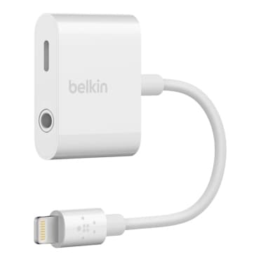 Belkin 3,5 mm lyd + opladning RockStar - Lightning til hovedtelefonport / opladningsadapter - Lightning han til 4-benet ministik, Lightning hun - hvid