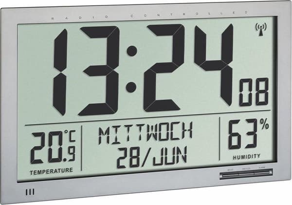 TFA-Dostmann Digital XL radiour med indeklima - sølv - indendørs hygrometer - indetermometer - hygrometer - termometer - plastik - 20 - 99% - -10 - 50
